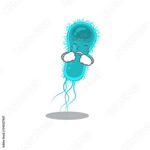 Cartoon character design of escherichia coli bacteria with a crying face