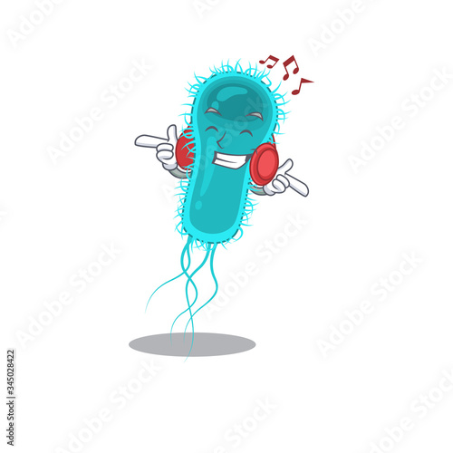 Escherichia coli bacteria Cartoon design concept listening music