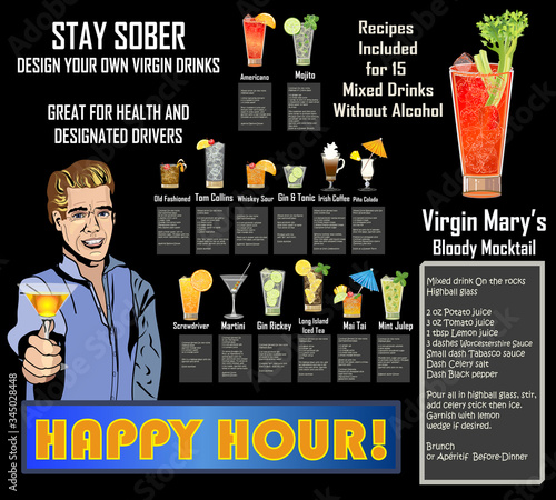 Sober Menu - Non-alcoholic, virgin drinks - Design Your Mixed Drink or Use one of 15 Recipes written by the artist - Highly realistic glasses & ingredients
