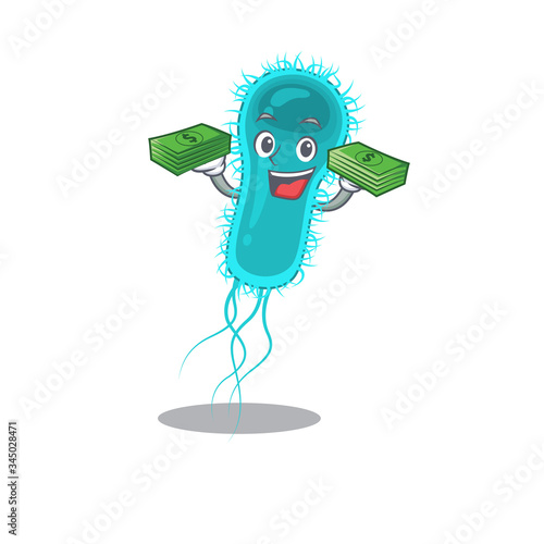 A wealthy escherichia coli bacteria cartoon character having money on hands