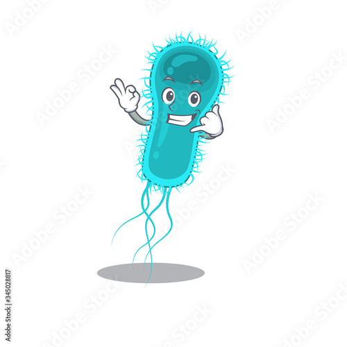 Cartoon design of escherichia coli bacteria with call me funny gesture