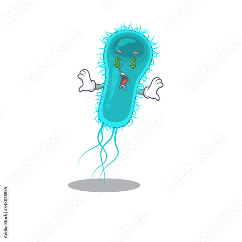 Rich cartoon character design of escherichia coli bacteria with money eyes
