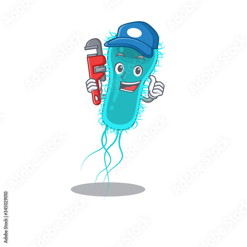 Escherichia coli bacteria Smart Plumber cartoon character design with tool