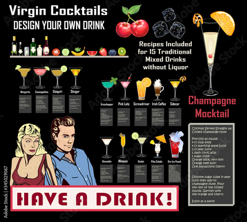 Mocktails Menu - Non-alcoholic, virgin drinks - Design Your Mixed Drink or Use one of 15 Recipes written by the artist - Highly realistic glasses & ingredients