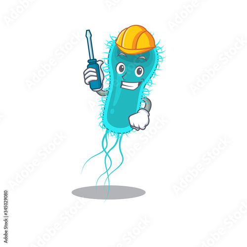 cartoon character of escherichia coli bacteria worked as an automotive