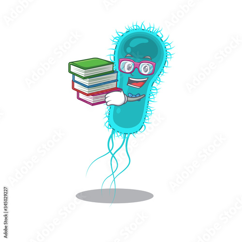 A diligent student in escherichia coli bacteria mascot design concept with books