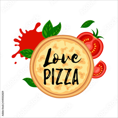 Love pizza four cheese top view design. Flat tasty traditional italian fast food concept. Vector illustration for web  advert  menu  app