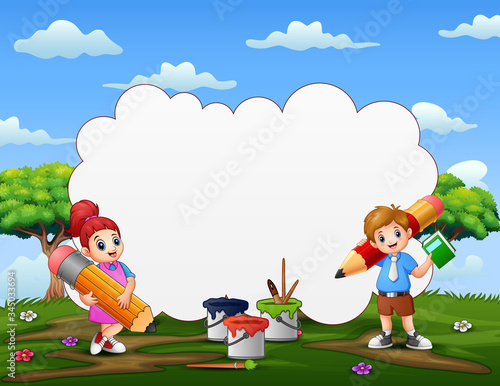 Speech bubble text with children holding a pencil