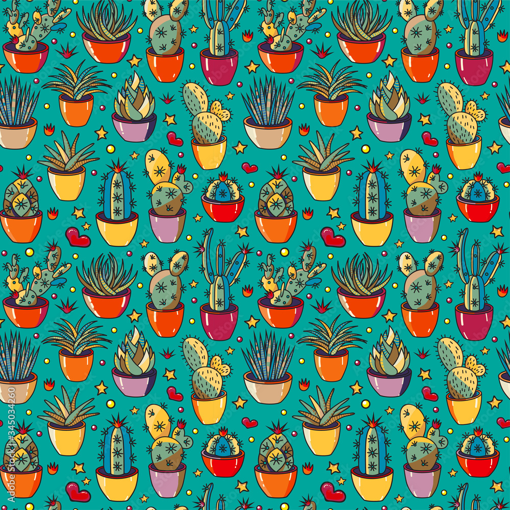 Naklejka premium Vector pattern set of different succulents and cacti. Big set for background, packaging paper, stickers for children
