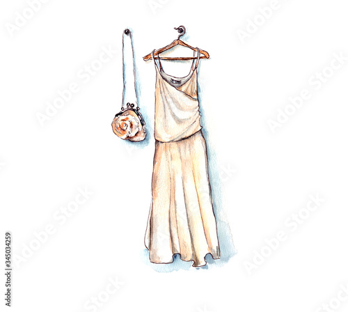 Illustration of white wedding dress and handbag, accessories