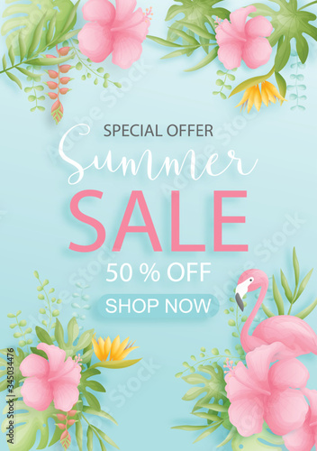 Colorful and vibrant tropical summer sale background design with bird, palm leaves and flowers. paper cut style. Vector illustration. 
