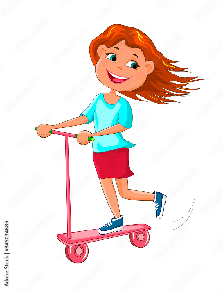 Joyful little girl riding a scooter. Joyful child riding a scooter. Smiling girl riding a scooter Joyful little girl riding a scooter. Joyful child riding a scooter. Smiling girl riding a scooter