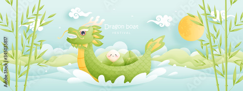 Fototapeta Naklejka Na Ścianę i Meble -  Chinese Dragon boat festival with rice dumplings, cute character design vector illustration.