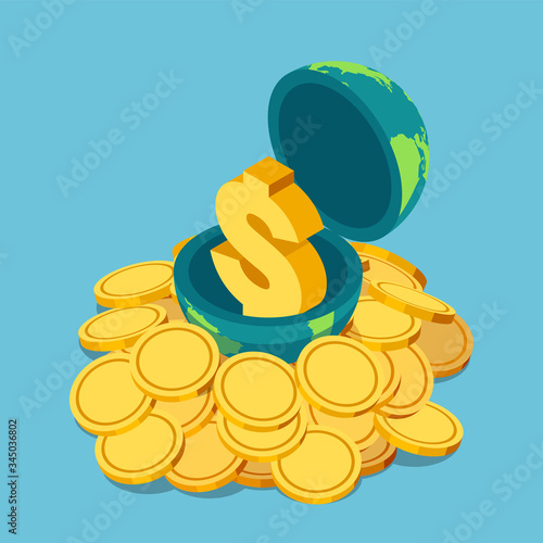 Isometric golden dollar sign inside the world on pile of coin