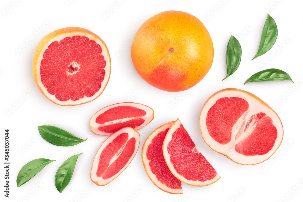 Grapefruit and slices with leaves isolated on white background. Top view. Flat lay. With clipping path and full depth of field Grapefruit and slices with leaves isolated on white background. Top view. Flat lay. With clipping path and full depth of field