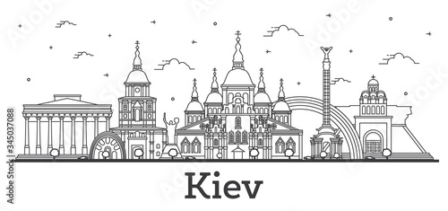 Outline Kiev Ukraine City Skyline with Historic Buildings Isolated on White.