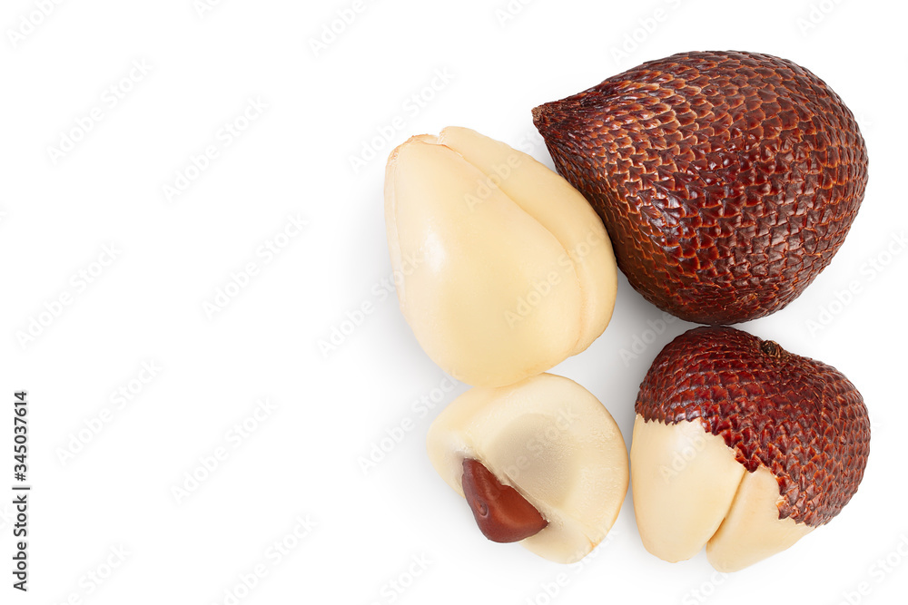 Salak snake fruit isolated on white background with clipping path and full depth of field. Top view with copy space for your text. Flat lay. Salak snake fruit isolated on white background with clipping path and full depth of field. Top view with copy space for your text. Flat lay.