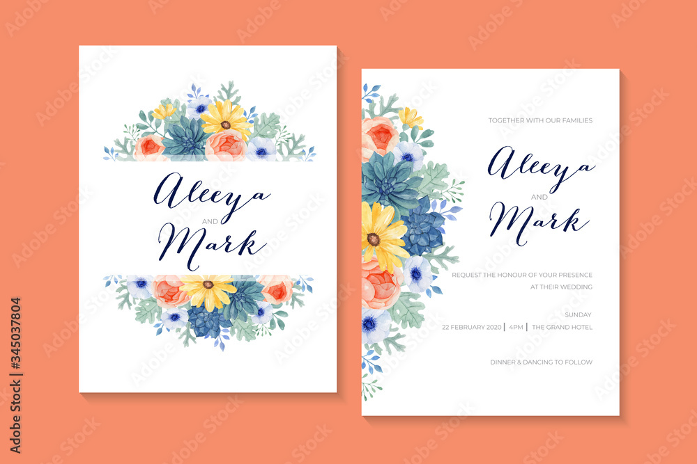Romantic Watercolor Floral Wedding Invitation with Succulent, Ranunculus, Daisy, Anemone and Dusty Miller Leaves