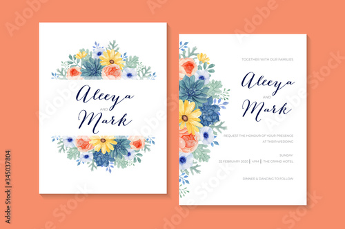 Romantic Watercolor Floral Wedding Invitation with Succulent  Ranunculus  Daisy  Anemone and Dusty Miller Leaves