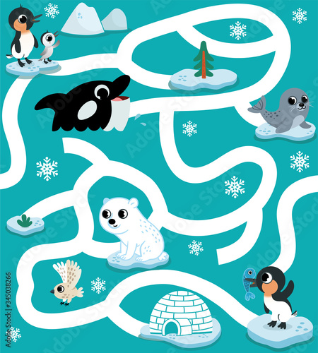 Arctic animals maze game for kids. Vector illustration.