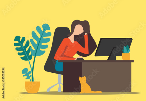 Work at home freelance girl working on computer. Vector illustration