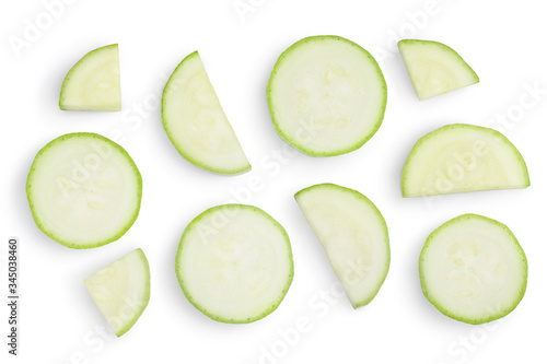 zucchini or marrow slices isolated on white background with clipping path and full depth of field. Top view. Flat lay. Set or collection