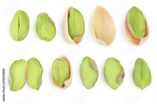 peeled pistachio isolated on white background with clipping path and full depth of field. Top view. Flat lay, Set or collection