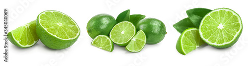 lime with half and leaf isolated on white background. Set or collection