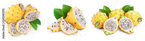 Ripe Dragon fruit, Pitaya or Pitahaya yellow isolated on white background, fruit healthy concept. Set or collection
