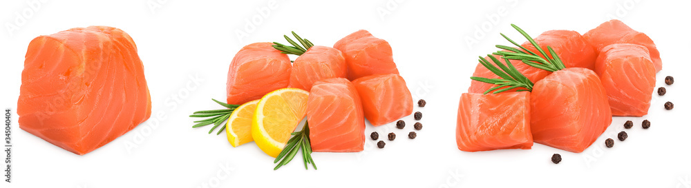 raw salmon piece cube with rosemary and peppercorn isolated on white background close up. Set or collection raw salmon piece cube with rosemary and peppercorn isolated on white background close up. Set or collection