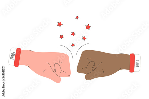 Two fists facing each other. Two hands hit each other in the air, knocking out stars. Vector illustration of a combat gesture isolated on a white background. for icons, stickers, and posters.