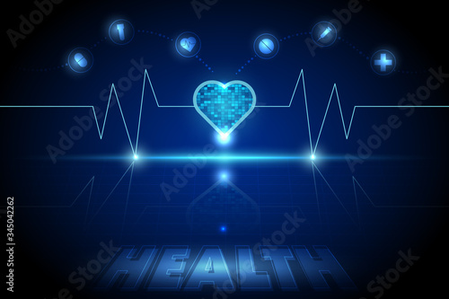 Abstract dark blue futuristic technology and health care background with sparkle effect and medical element icon.