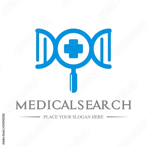 Medical search vector logo template. This design use dna or chromosome symbol and magnifying glass. © ismadesign