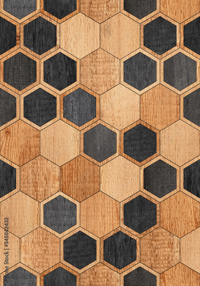Seamless wooden wall with hexagonal pattern. Wood texture for background.