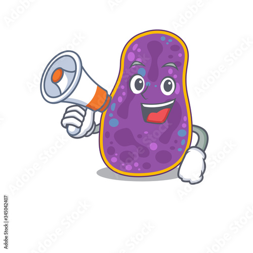 Cartoon character of shigella sp. bacteria having a megaphone