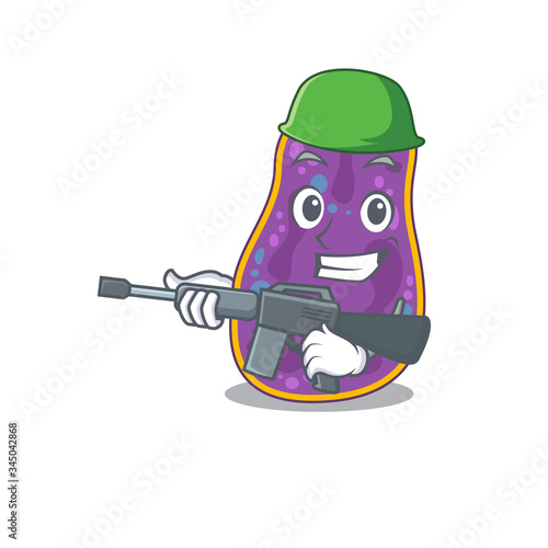 A cartoon picture of shigella sp. bacteria in Army style with machine gun