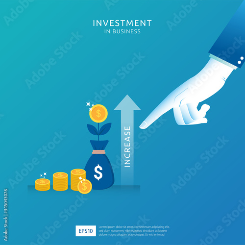 Business investment gain profit concept design. Return on investment roi, profit opportunity, growth arrows to success. arrow with dollar plant coins. Pointing finger symbol vector illustration