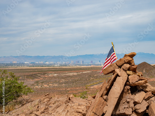 Photography America flag swinging with Las Vegas strip as background