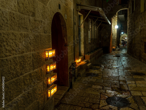 Chanuka lights on old jerusalem city street