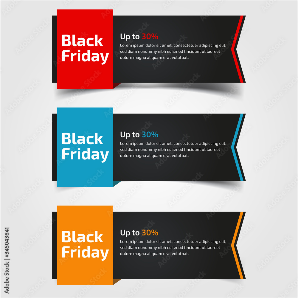 Black Friday up to 30%, 50%, 70%. Banner Design for the sale with red, blue, and yellow colors. Vector illustration. Set of elements of three abstract style on gray background.Elements of infographics