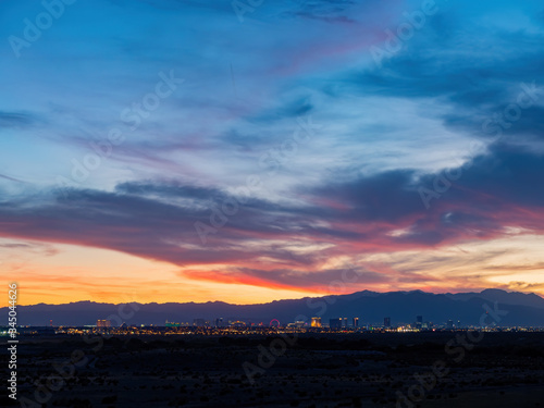 Sunset view of the beautiful strip skyline with red clouds