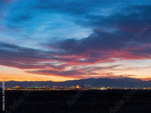 Sunset view of the beautiful strip skyline with red clouds