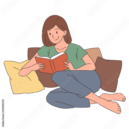Cute cartoon smiling girl sitting on pillows and reading book. Hand-drawn flat vector illustration for poster, banner or website. Stay home and relax concept.