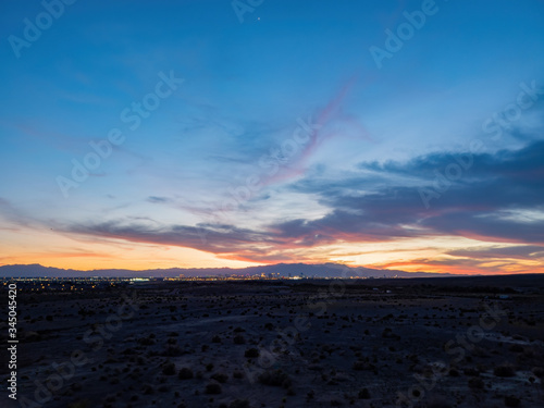 Sunset view of the beautiful strip skyline with red clouds