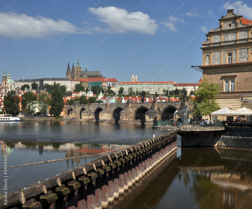 Panorama of the Vltava River and Charles Bridge in Prague. View from the waterfront. A nice summer day.