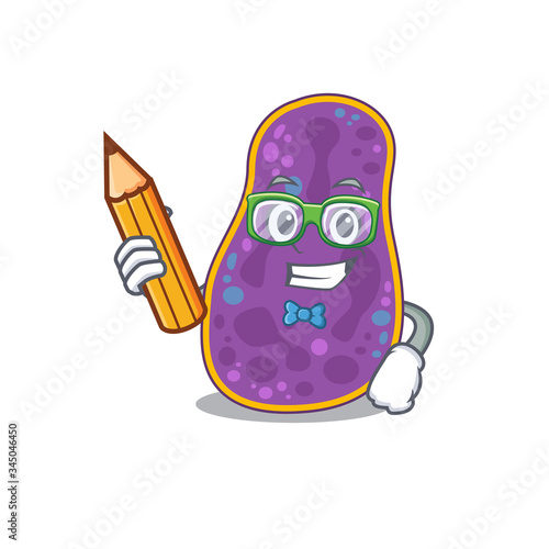 A brainy student shigella sp. bacteria cartoon character with pencil and glasses