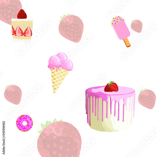 Cake dessert pattern set with a pastel background. sweet summer  Tasty colorful dessert set for summer decorative  donut  ice cream  strawberry flavor  web design  or print. Vector Illustration.