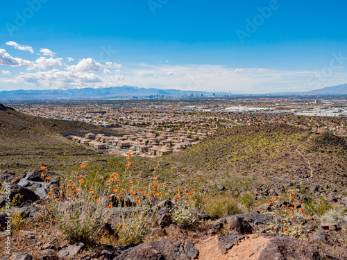 High angle view of the Las Vegas strip skyline and cityscape