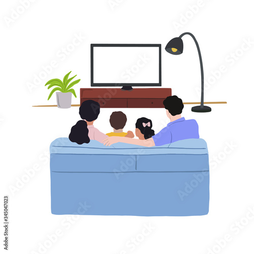 Happy mixed race family watching television sitting on the couch at home. Back side view. Living room interior with furniture, mother, father, son and daughter. Vector illustration.
