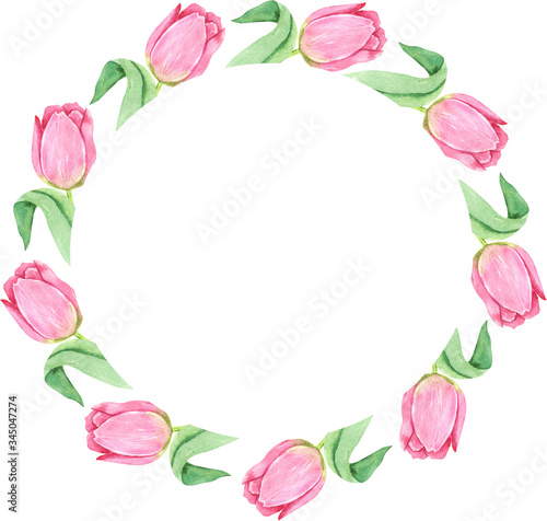 Wallpaper Mural Watercolor pink tulips, leaves, willow, wreath. Spring flower. Torontodigital.ca